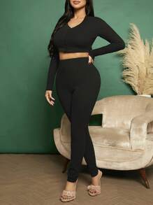 SHEIN SXY 素色前紐扣短款T恤&緊身打底褲 - 黑色 - 查看 1