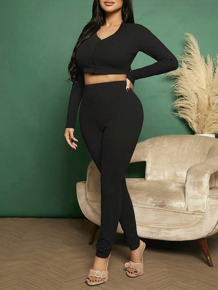 Solid Button Front Crop Tee & Leggings