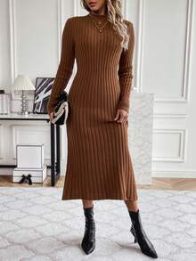 SHEIN Clasi Cổ giả Đồ đan Ribbed Đầm Áo len Không có thắt lưng - Cà phê nâu - Xem 4