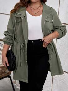 SHEIN LUNE 大碼翻蓋口袋腰部抽繩連帽夾克 - 軍綠色 - 查看 1