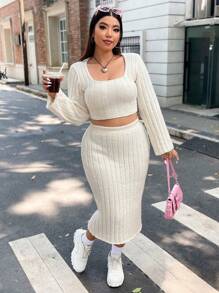 Flirla Plus Square Neck Crop Sweater & Knit Skirt - White - View 3