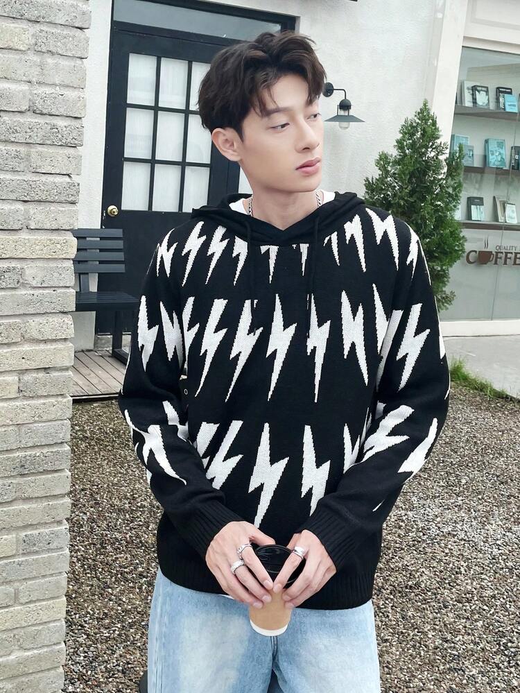 Men 1pc Lightning Pattern Hooded Sweater