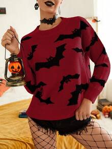 Áo len trễ vai họa tiết dơi Halloween cho nữ màu đỏ mỏ neo - Đỏ - Xem 5