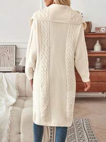 SHEIN LUNE Cárdigan largo de cuello cascada de hombros caídos con parte delantera abierta tejido de cable - Beis - Ver 2