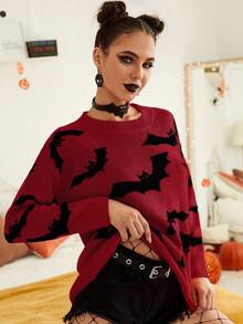 Áo len trễ vai họa tiết dơi Halloween cho nữ màu đỏ mỏ neo - Đỏ - Xem 3
