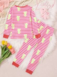 年輕女孩條紋和卡通圖形修身家居服套裝 - 玫紅色 - 查看 2