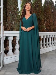 UNITHORSE Cloak Sleeve Chiffon Prom Dress Elegant Long Sleeve Formal Evening Wedding Guest Gown, For Graduation, Dinner Party Dress
