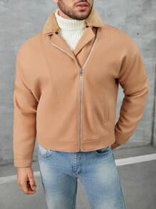 Manfinity Homme Men Borg Collar Zip Up Loose Overcoat - Camel - View 5