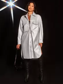 Aveloria Flap Pocket Drop Shoulder PU Leather Coat - Silver - View 6