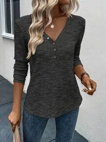 SHEIN LUNE 前紐扣雜色針織T恤 - 深灰色 - 查看 6