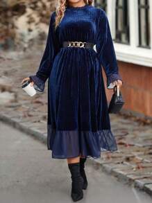 SHEIN Clasi Plus Flare Sleeve Ruffle Hem Velvet Dress Without Belt - Blue - View 1