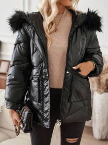 SHEIN LUNE Women's Solid Color Utility Pocket Long Sleeve Fuzzy Hooded Casual Padded Padded Coat, Winter Clothes - Black - View 4