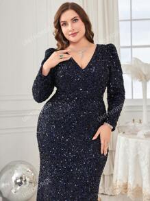 UNITHORSE Vestido formal de manga abullonada, con lentejuelas de talla grande, elegante vestido de noche de manga larga para graduación, cena o fiesta de bodas
