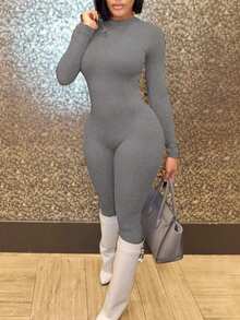 Solid Unitard Jumpsuit - Grey - View 5