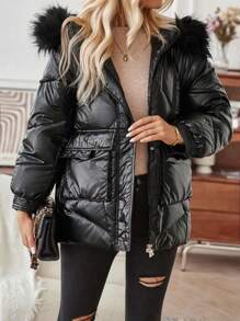 SHEIN LUNE Women's Solid Color Utility Pocket Long Sleeve Fuzzy Hooded Casual Padded Padded Coat, Winter Clothes - Black - View 3