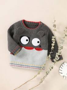 Baby Boy Cartoon Pattern 3D Ear Design Striped Trim Sweater - Dark Grey - View 3