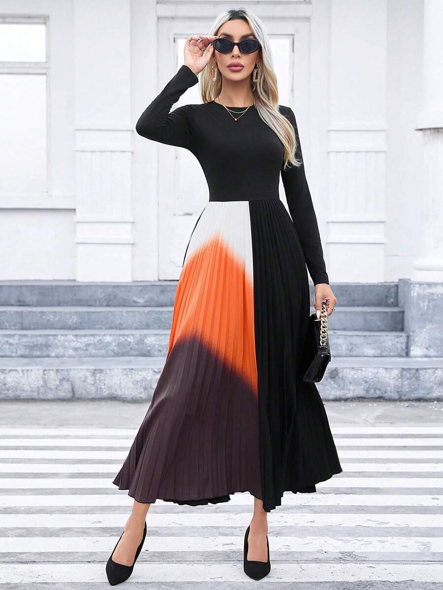 SHEIN Privé Khối màu Viền xếp Váy chữ A - màu đen - Xem 1