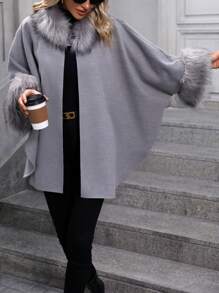 SHEIN Essnce Fuzzy Trim Batwing Sleeve Overcoat - Grey - View 4
