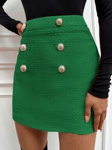 Double Breasted Button Detail Skirt - Green - View 3