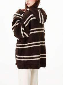 Mẫu sọc Thả vai Dây rút áo có mũ Áo len Mở - Cà phê nâu - Xem 2