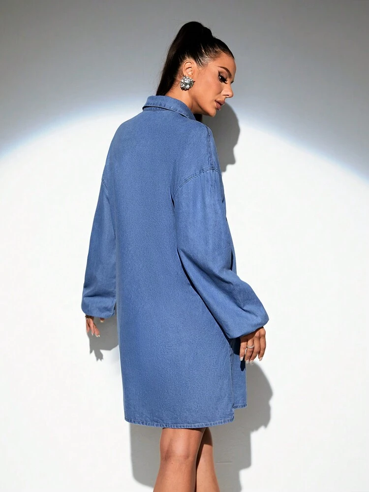 Drop Shoulder Button Front Denim Dress Without Belt