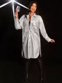 Aveloria Flap Pocket Drop Shoulder PU Leather Coat - Silver - View 5