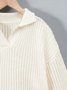 SHEIN Cô gái Tween Đồ đan Ribbed Thả vai Áo len - Màu be - Xem 4