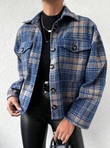 EURMUSE Women's Checked Woolen Coat With Turn-down Collar - Blue - View 1