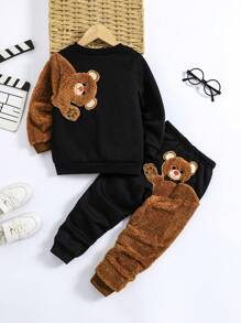SHEIN Young Boy Bear Embroidery Sweatshirt & Sweatpants - Black - View 1