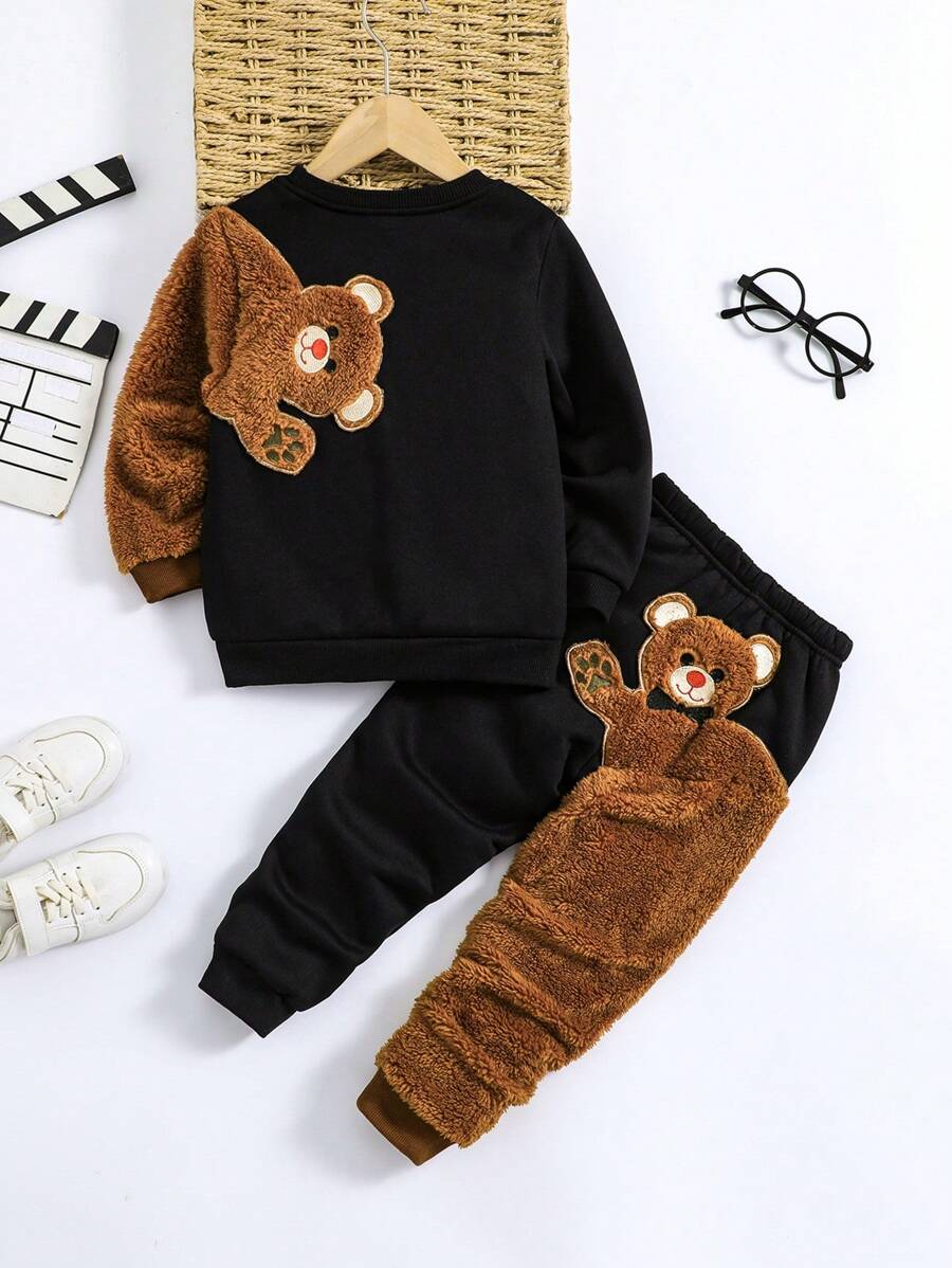 SHEIN Young Boy Bear Embroidery Sweatshirt & Sweatpants - Black - View 1