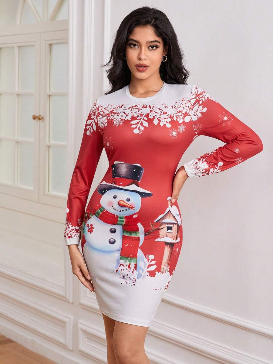 Christmas Print Bodycon Dress - Multicolor - View 1