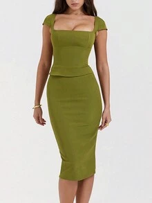 Square Neck Ruched Bust Top & Pencil Skirt - Green - View 3