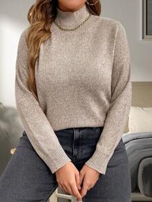 SHEIN CURVE+ Plus Mock Neck Drop Shoulder Sweater - Khaki - View 4