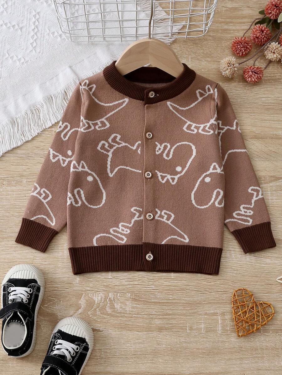 Baby Boy Dinosaur Pattern Contrast Trim Cardigan - Apricot - View 1