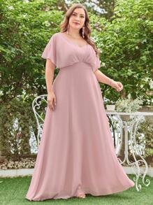 Plus Ruched Bust Butterfly Sleeve Chiffon Bridesmaid Dress - Dusty Pink - View 7