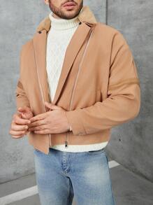 Manfinity Homme Men Borg Collar Zip Up Loose Overcoat - Camel - View 3
