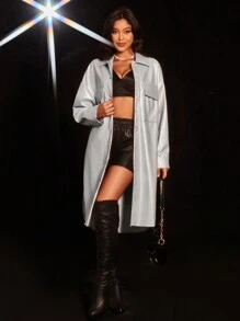 Aveloria Flap Pocket Drop Shoulder PU Leather Coat - Silver - View 3