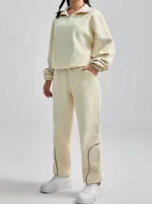 EURMUSE 2pcs Women's Colorblock Zip-Up Hoodie And Joggers Set - Beige - View 5