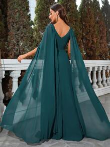 UNITHORSE Cloak Sleeve Chiffon Prom Dress Elegant Long Sleeve Formal Evening Wedding Guest Gown, For Graduation, Dinner Party Dress