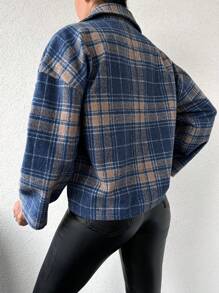 EURMUSE Women's Checked Woolen Coat With Turn-down Collar - Blue - View 4