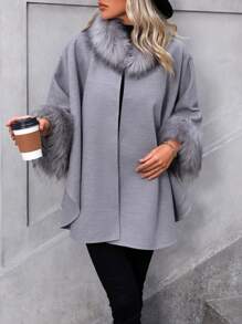 SHEIN Essnce Fuzzy Trim Batwing Sleeve Overcoat - Grey - View 6