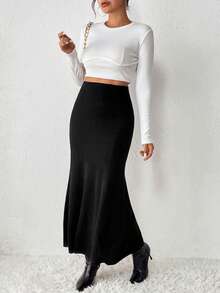 Chiquease 素色毛衣半身裙 - 黑色 - 查看 5