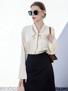 SHEIN BIZwear 繫帶領百褶荷葉袖襯衫 - 米色 - 查看 4