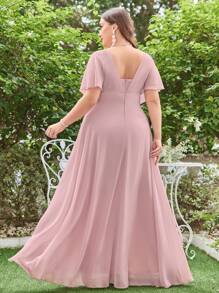 Plus Ruched Bust Butterfly Sleeve Chiffon Bridesmaid Dress - Dusty Pink - View 3