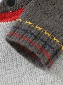 Baby Boy Cartoon Pattern 3D Ear Design Striped Trim Sweater - Dark Grey - View 5