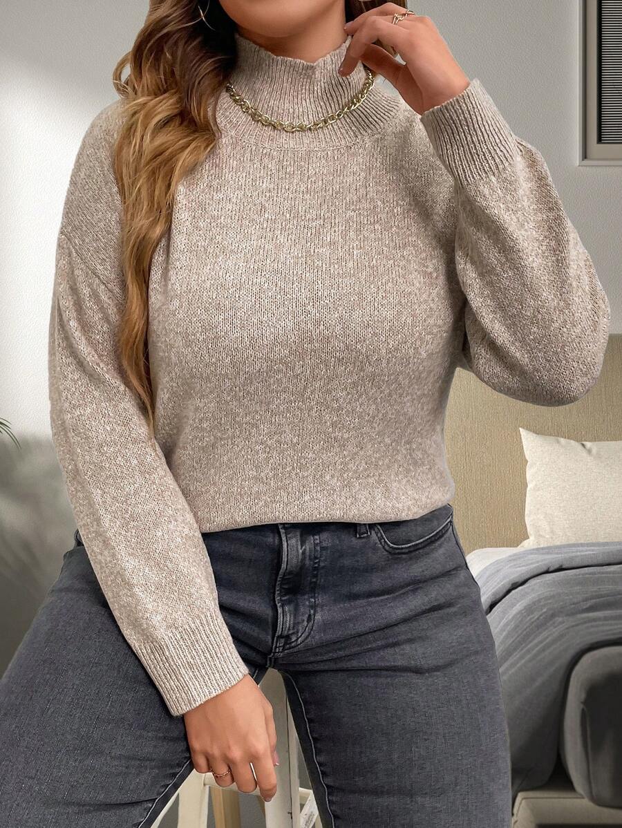 SHEIN CURVE+ Plus Mock Neck Drop Shoulder Sweater - Khaki - View 1