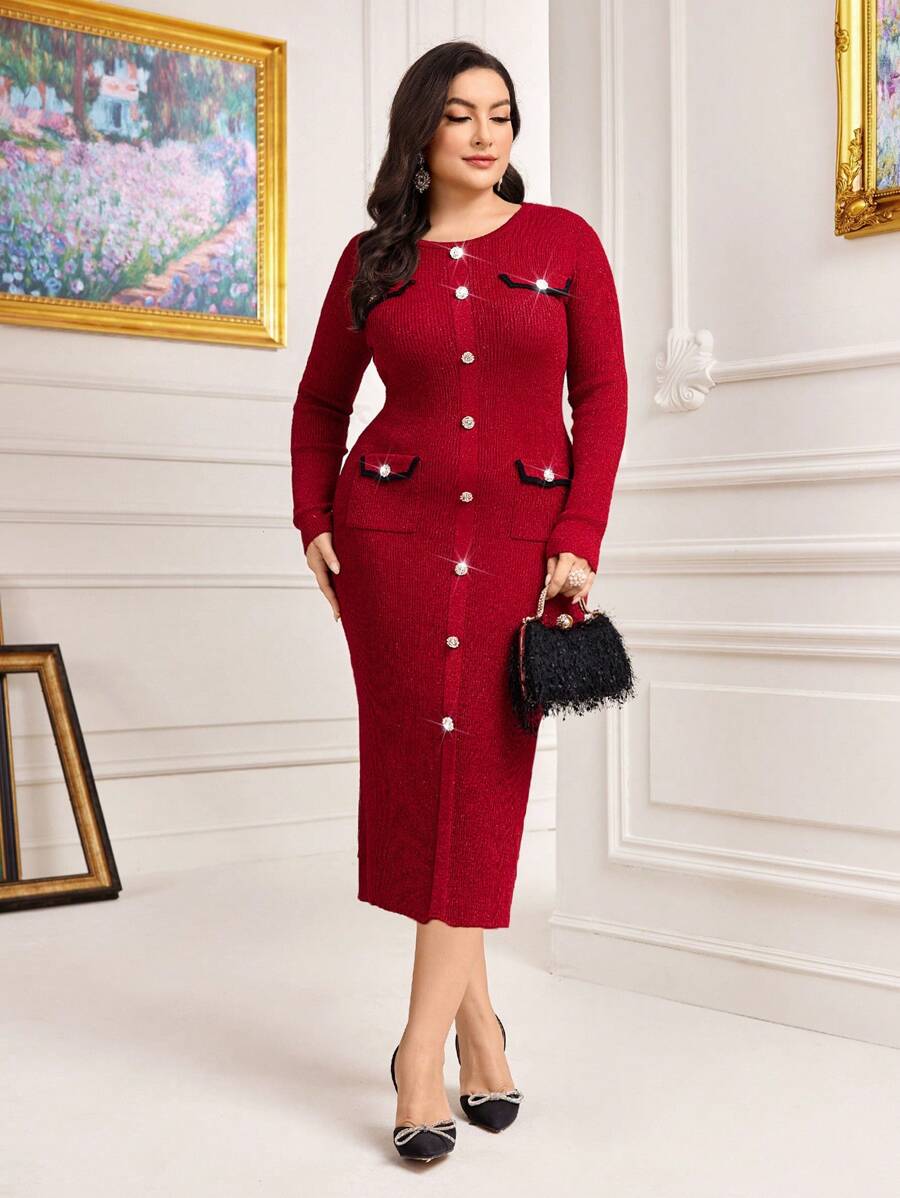 Modelyn 大碼前紐扣緊身毛衣洋裝 - 紅色 - 查看 1