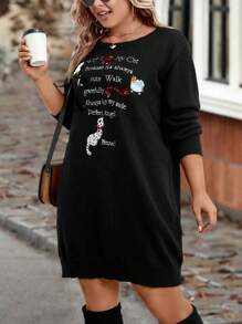 SHEIN LUNE 大碼標語和卡通圖案亮片細節套頭毛衣