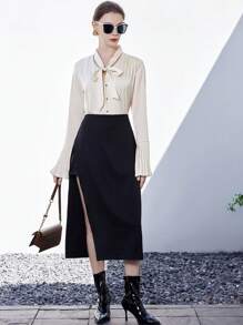 SHEIN BIZwear 繫帶領百褶荷葉袖襯衫 - 米色 - 查看 6