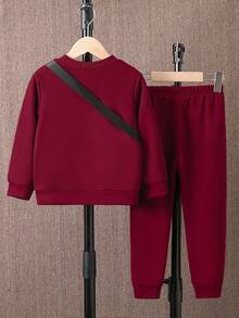 SHEIN Young Boy Solid Sweatshirt & Sweatpants - Burgundy - View 2
